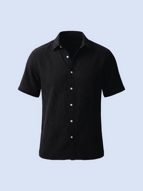 Crinkled Cotton Short Sleeve Button-Down Shirt