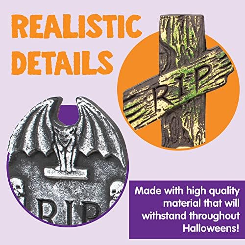 Halloween graveyard tombstone set contents five RIP headstones with metal ground stakes