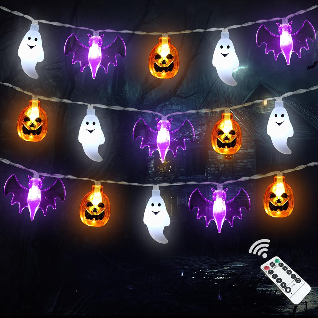Halloween String Lights 16ft - 30 LED 3D Pumpkin, Bat & Ghost, Battery, 8 Modes & Timer