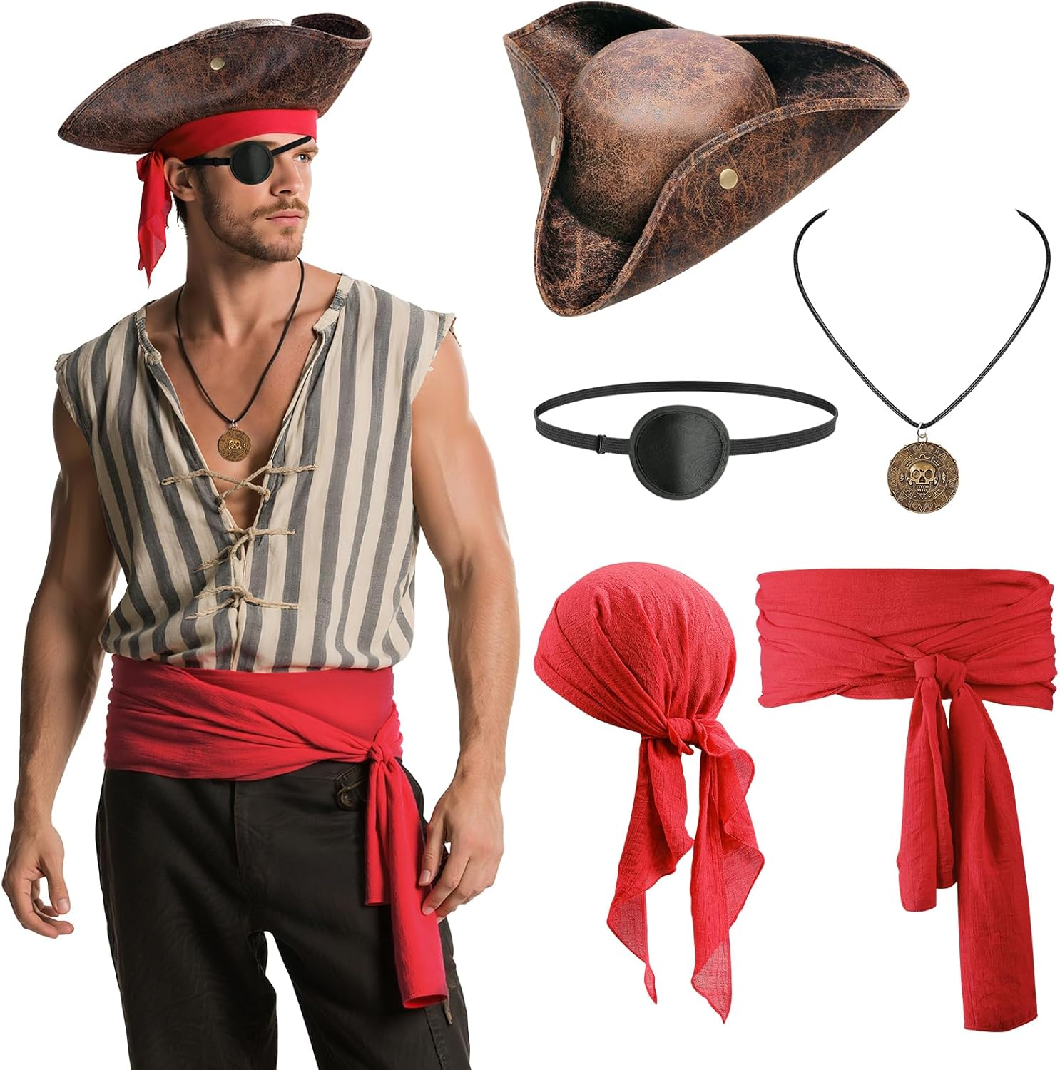 5-Piece Pirate Costume Accessories Set - Hat, Bandana, Sash, Eye Patch & Necklace