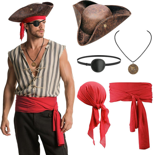 5-Piece Pirate Costume Accessories Set - Hat, Bandana, Sash, Eye Patch & Necklace