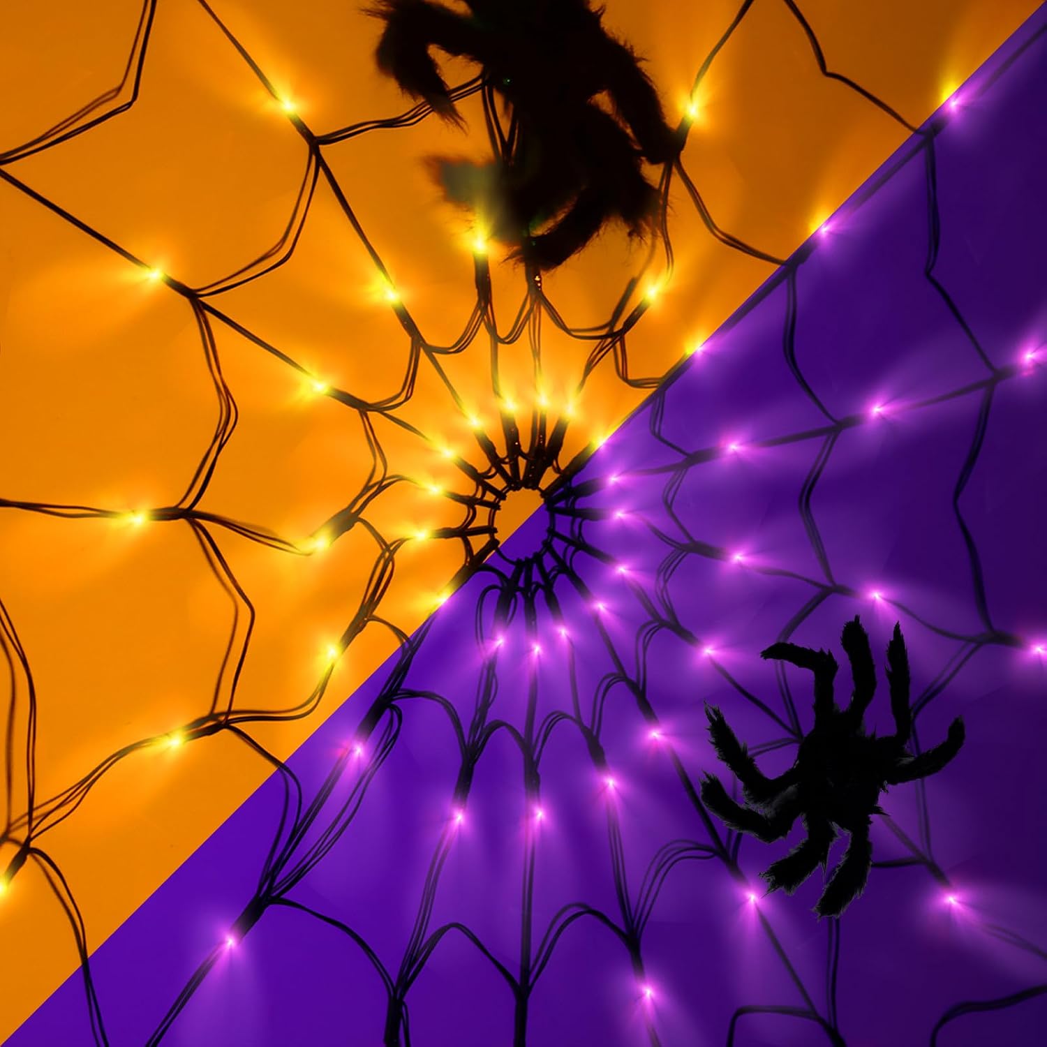 4 ft Halloween spider web lights 2 Sets Purple and Orange option