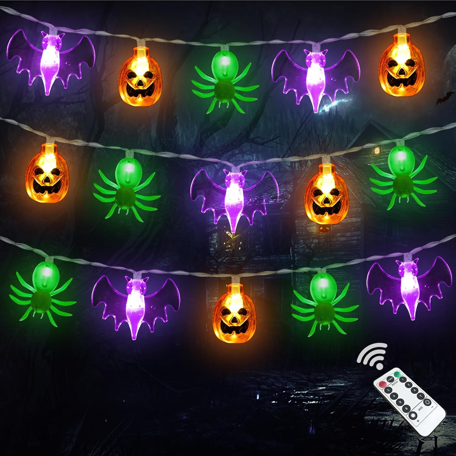 Halloween String Lights 16ft - 30 LED 3D Pumpkin, Bat & Ghost, Battery, 8 Modes & Timer