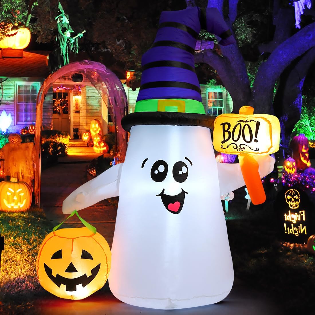 5 ft Halloween Inflatable Wizard Ghost with Pumpkin - Light-Up Blow-Up Yard Decoration