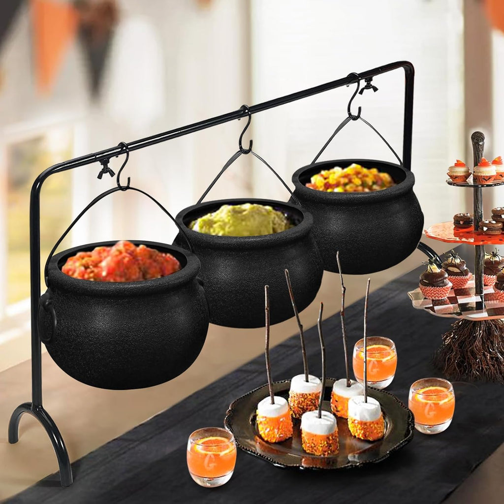 Witches Cauldron Serving Bowls Set of 3 on Rack - Hocus Pocus Halloween Party Decor
