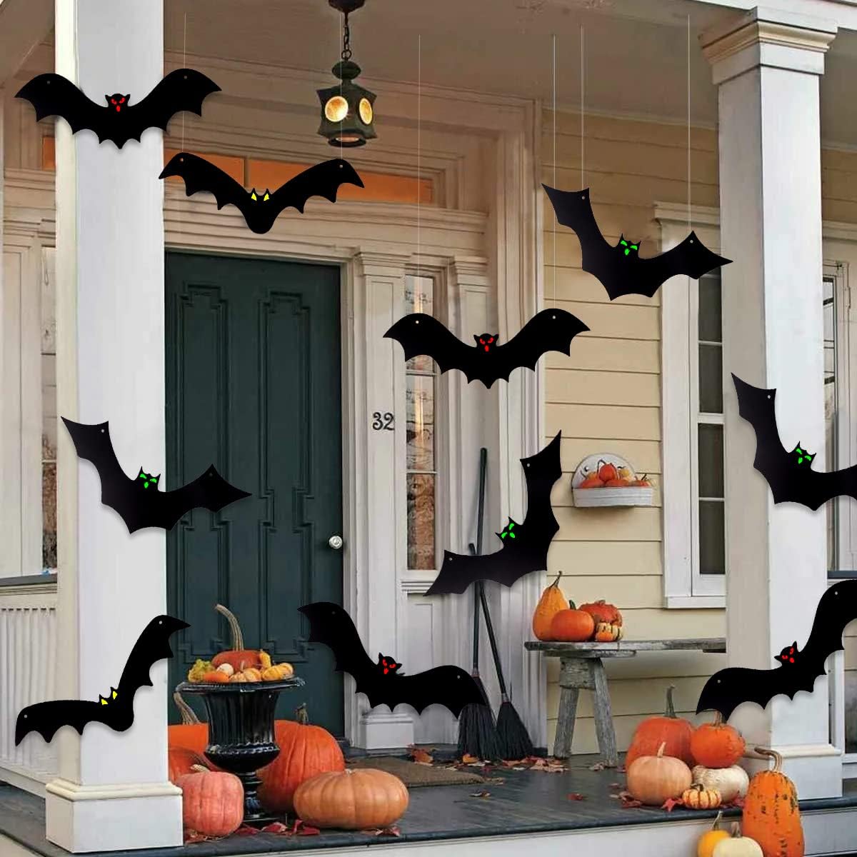 Halloween Hanging Bats - 12 Pack 3D Realistic Black Bats for Yard & Outdoor