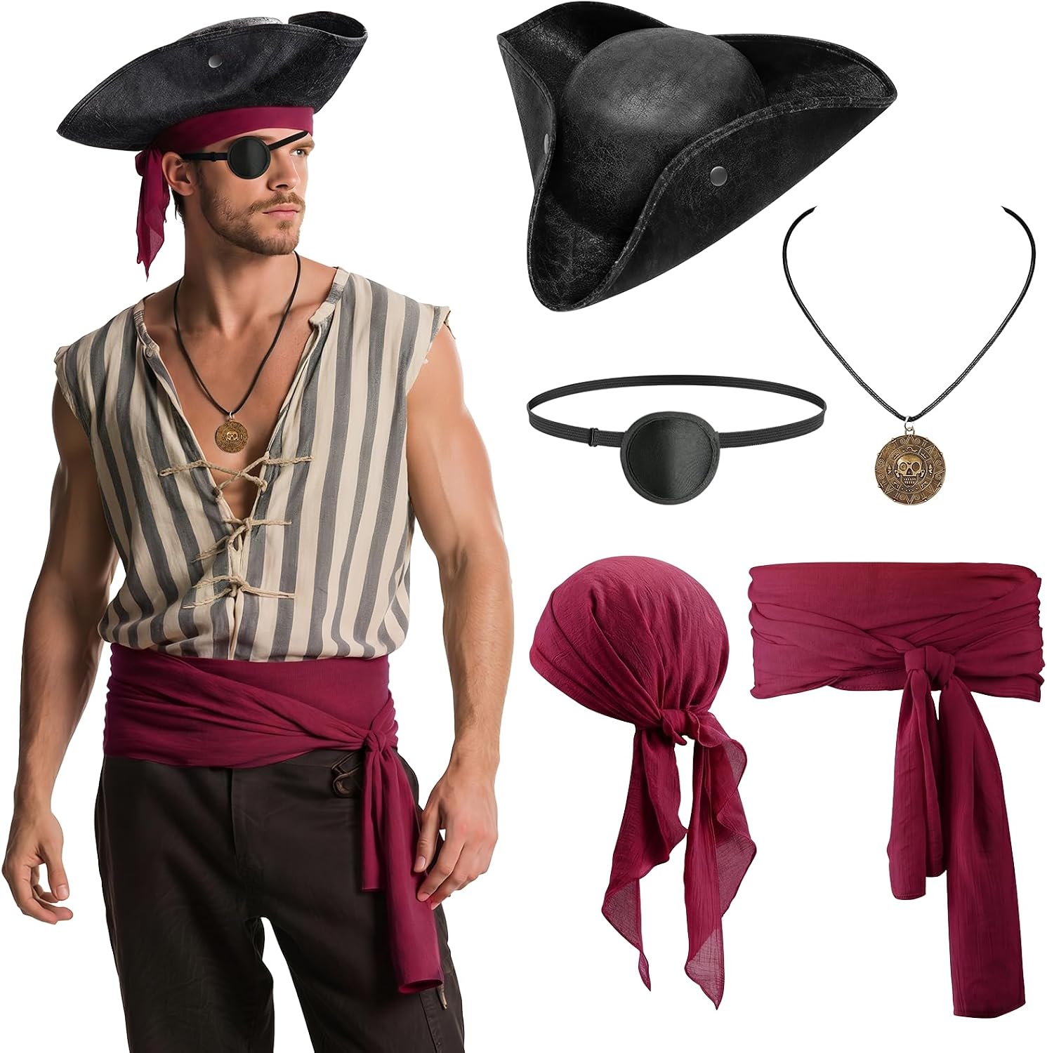 5-Piece Pirate Costume Accessories Set - Hat, Bandana, Sash, Eye Patch & Necklace