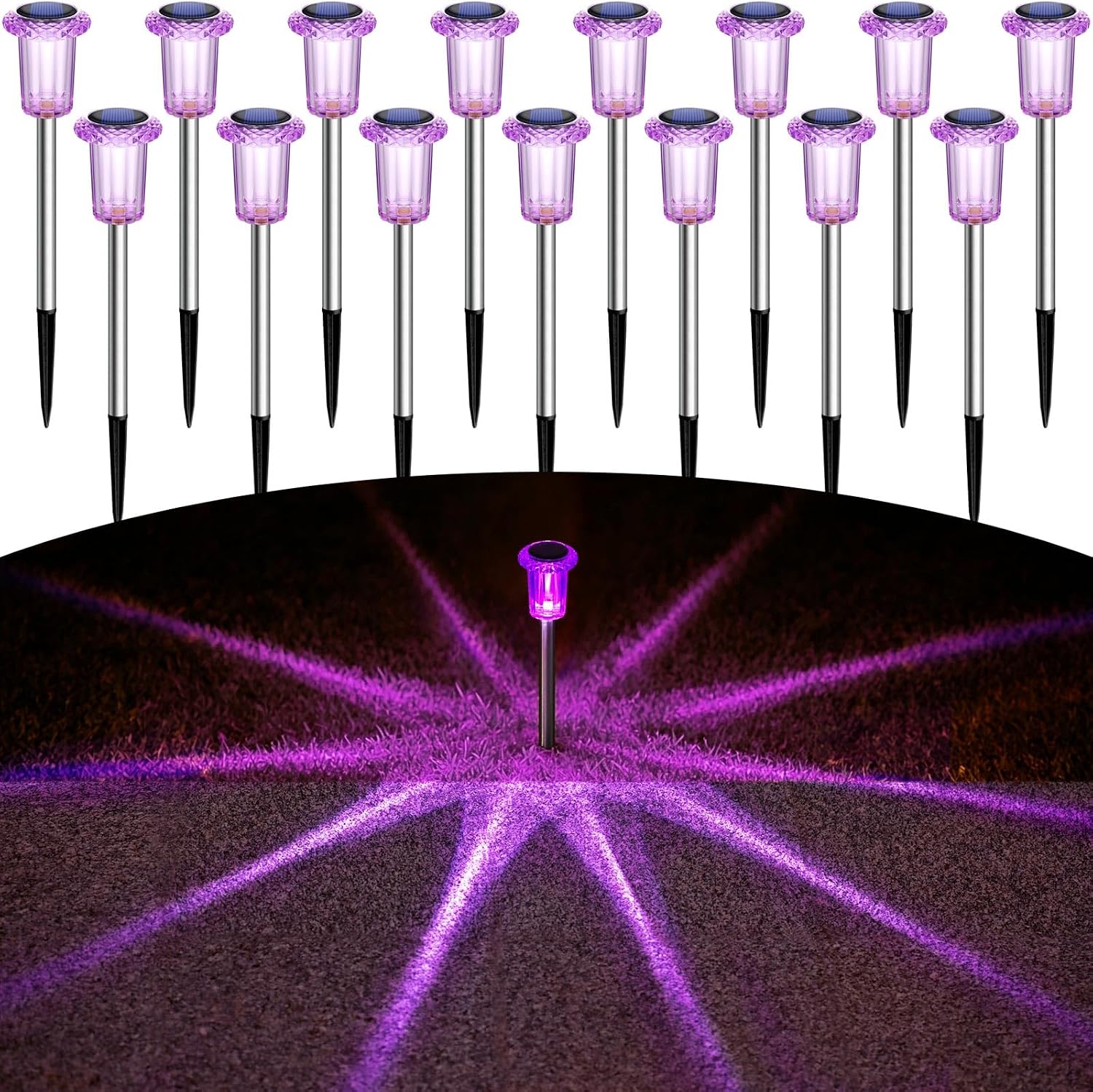 Purple 15 pack solar pathway lights, larger LED diamond stake set for long driveways