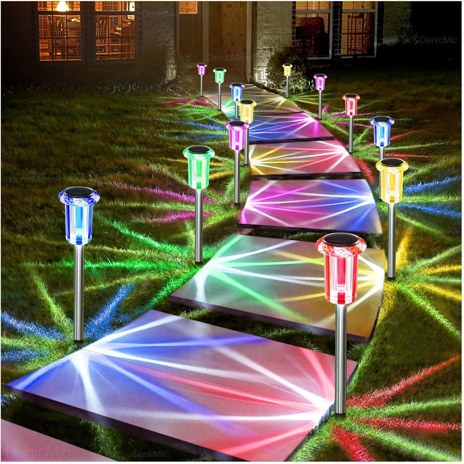 Multicolor 10 pack solar pathway lights, LED diamond stake set for outdoor paths