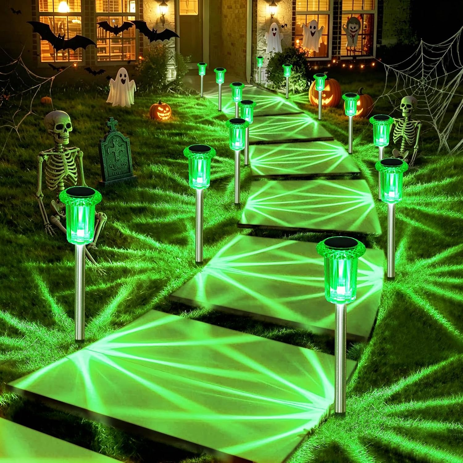 Green 10 pack solar pathway lights, LED diamond stake set for outdoor walkways