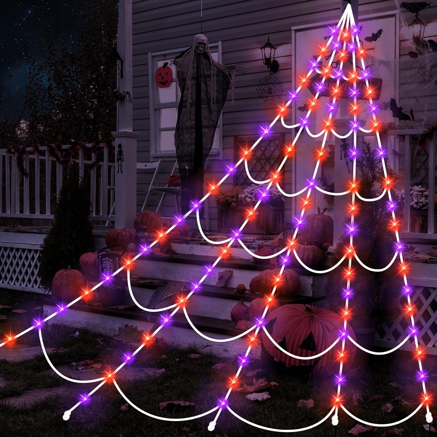 Halloween spider web lights in purple and orange, 150 LED 16.4 ft option