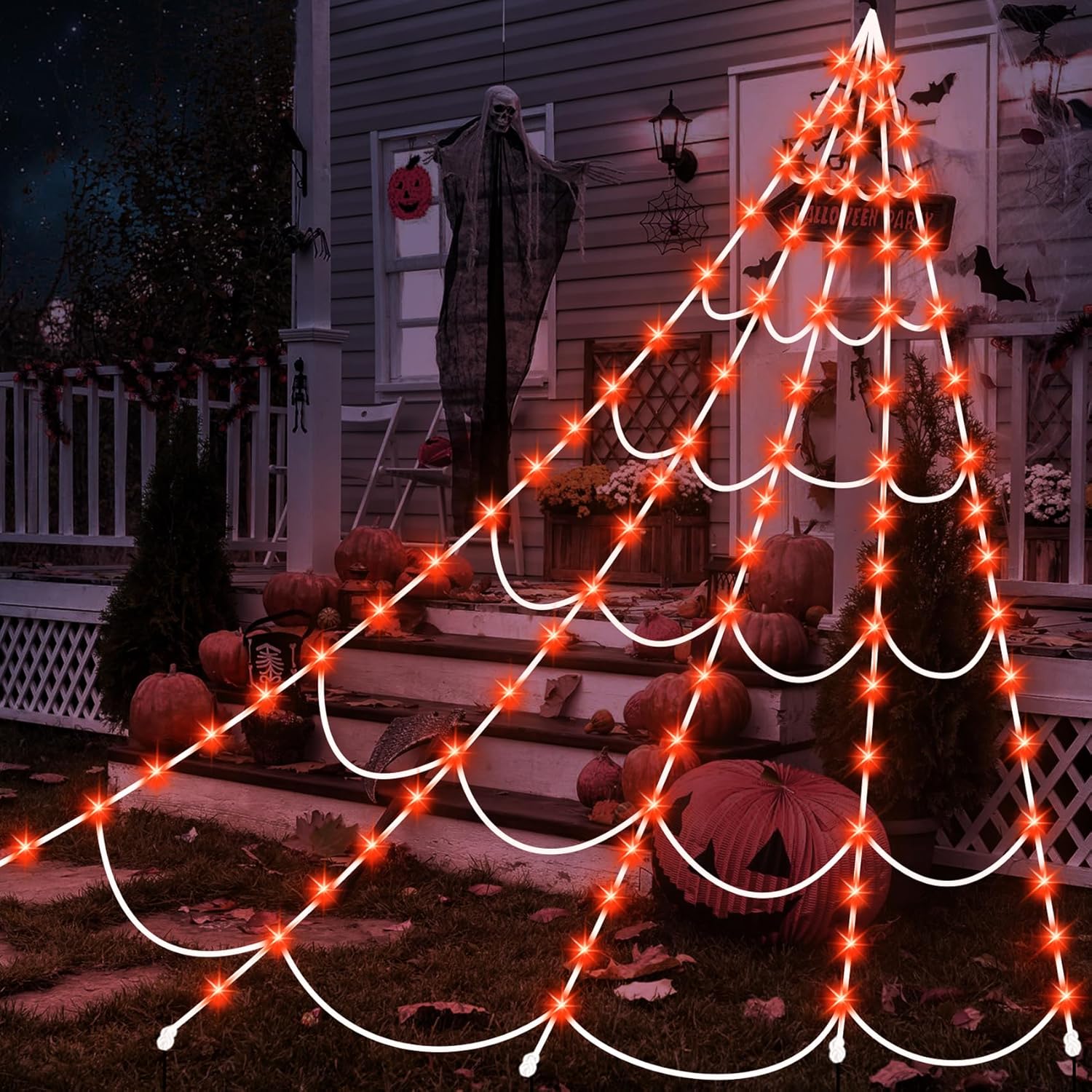 Halloween spider web lights in orange, 150 LED 16.4 ft option