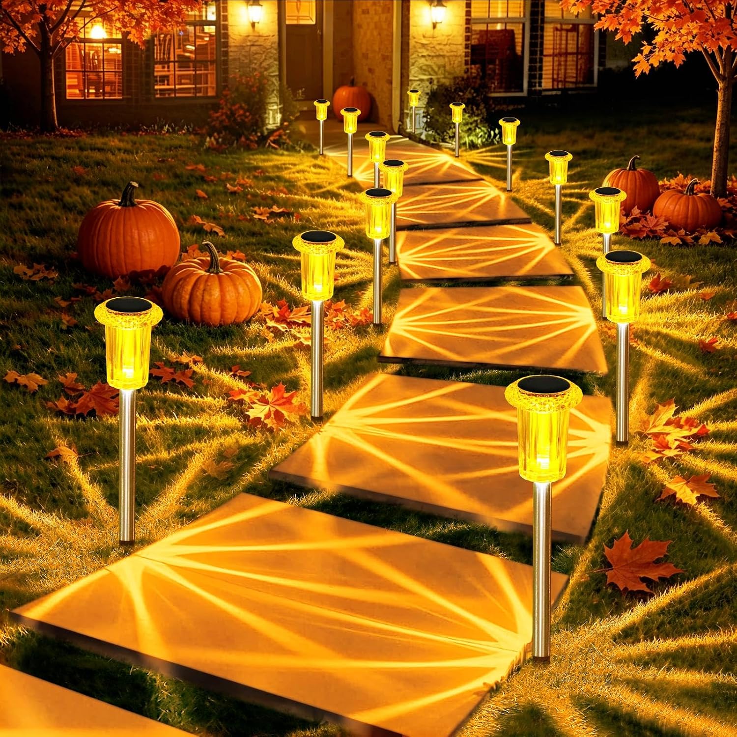 Orange 10 pack solar pathway lights, LED diamond stake set for Halloween walkways