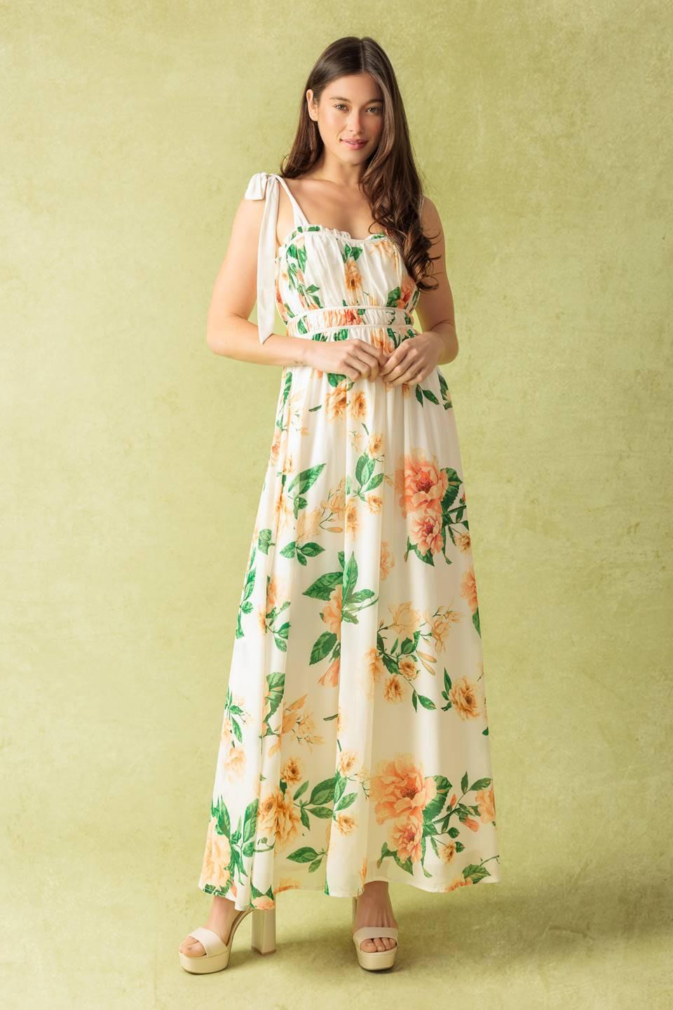 Women’s Printed Maxi Dress – Straight Neck Ruffle Edge Shoulder Tie Flowing Dress
