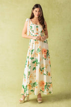 Women’s Printed Maxi Dress – Straight Neck Ruffle Edge Shoulder Tie Flowing Dress