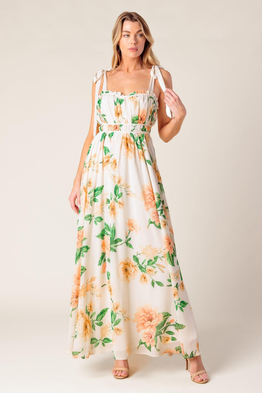 Women’s Printed Maxi Dress – Straight Neck Ruffle Edge Shoulder Tie Flowing Dress