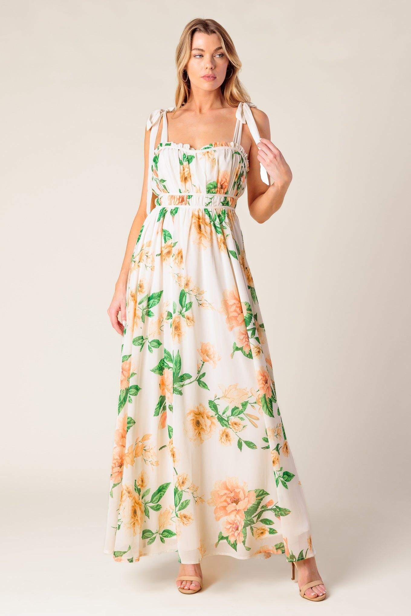 Women’s Printed Maxi Dress – Straight Neck Ruffle Edge Shoulder Tie Flowing Dress
