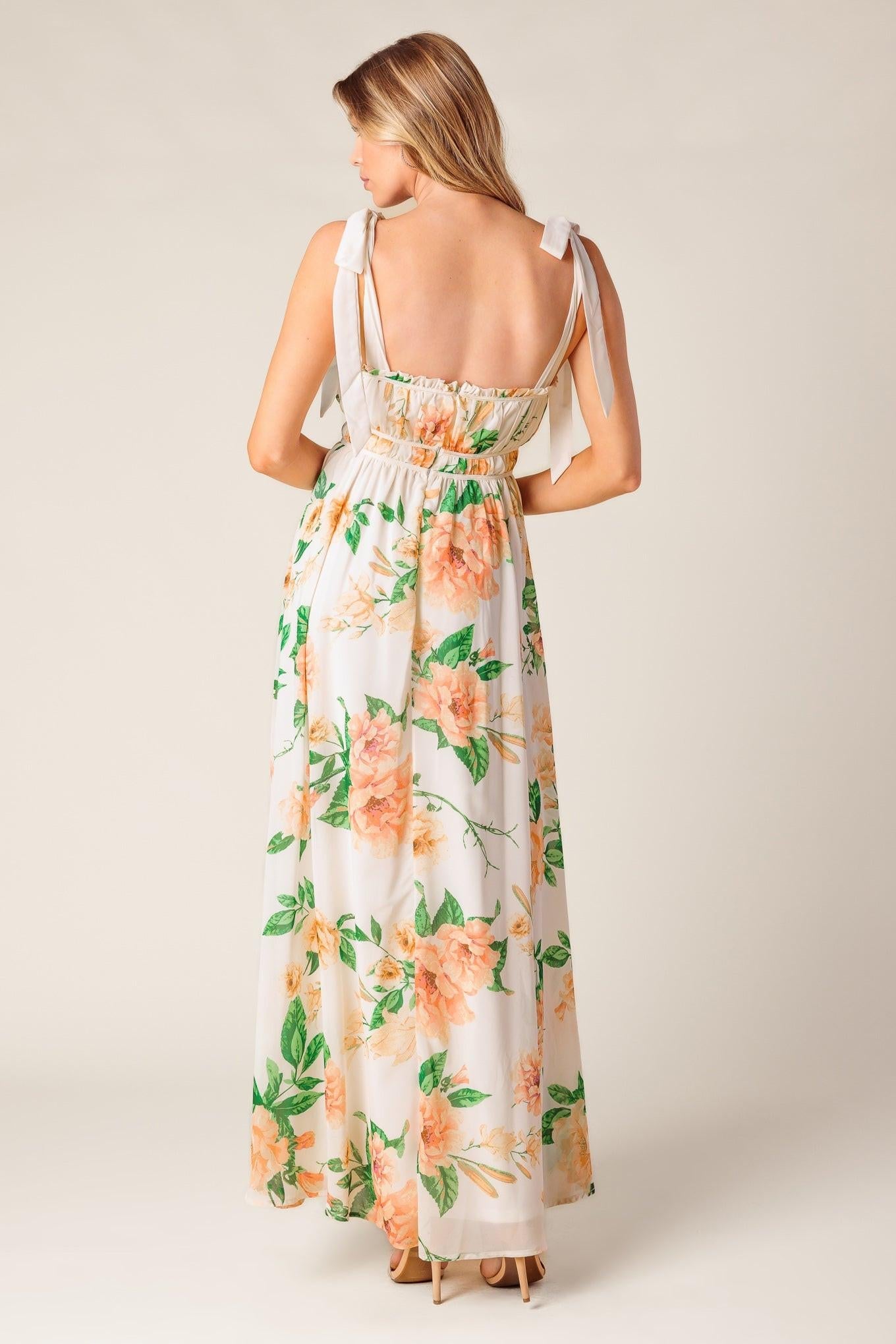 Women’s Printed Maxi Dress – Straight Neck Ruffle Edge Shoulder Tie Flowing Dress
