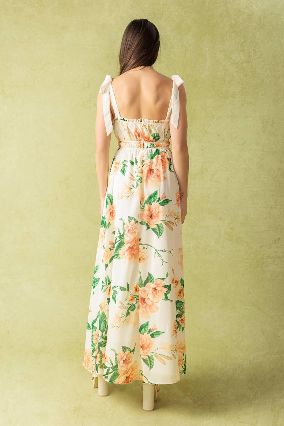 Women’s Printed Maxi Dress – Straight Neck Ruffle Edge Shoulder Tie Flowing Dress