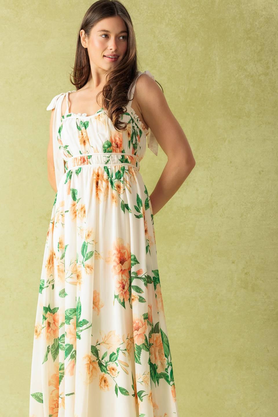 Women’s Printed Maxi Dress – Straight Neck Ruffle Edge Shoulder Tie Flowing Dress