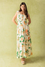 Women’s Printed Maxi Dress – Straight Neck Ruffle Edge Shoulder Tie Flowing Dress