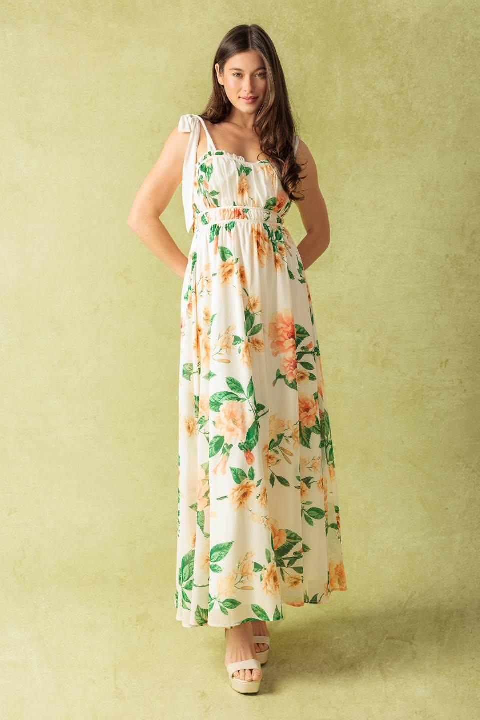 Women’s Printed Maxi Dress – Straight Neck Ruffle Edge Shoulder Tie Flowing Dress