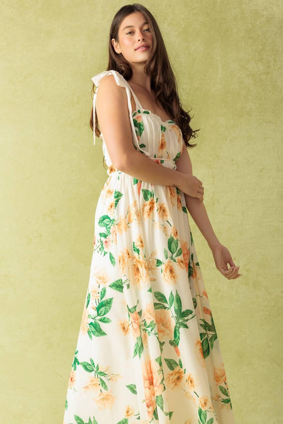 Women’s Printed Maxi Dress – Straight Neck Ruffle Edge Shoulder Tie Flowing Dress