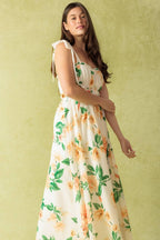Women’s Printed Maxi Dress – Straight Neck Ruffle Edge Shoulder Tie Flowing Dress