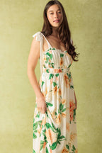 Women’s Printed Maxi Dress – Straight Neck Ruffle Edge Shoulder Tie Flowing Dress