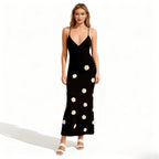 Alexie Rosette Knit Midi Dress – Plunging Neckline Lace-Up Back Dress | Couture Romantic Elegance