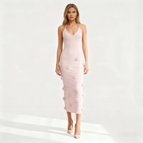 Alexie Rosette Knit Midi Dress – Plunging Neckline Lace-Up Back Dress | Couture Romantic Elegance