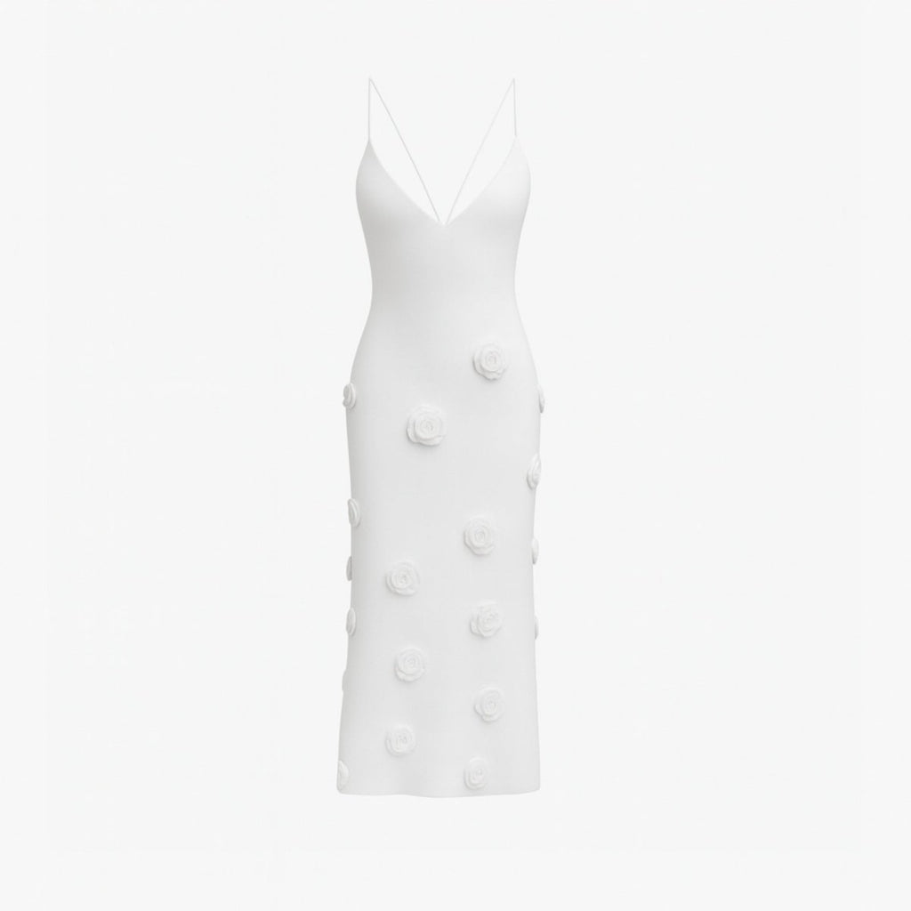 Alexie Rosette Knit Midi Dress – Plunging Neckline Lace-Up Back Dress | Couture Romantic Elegance