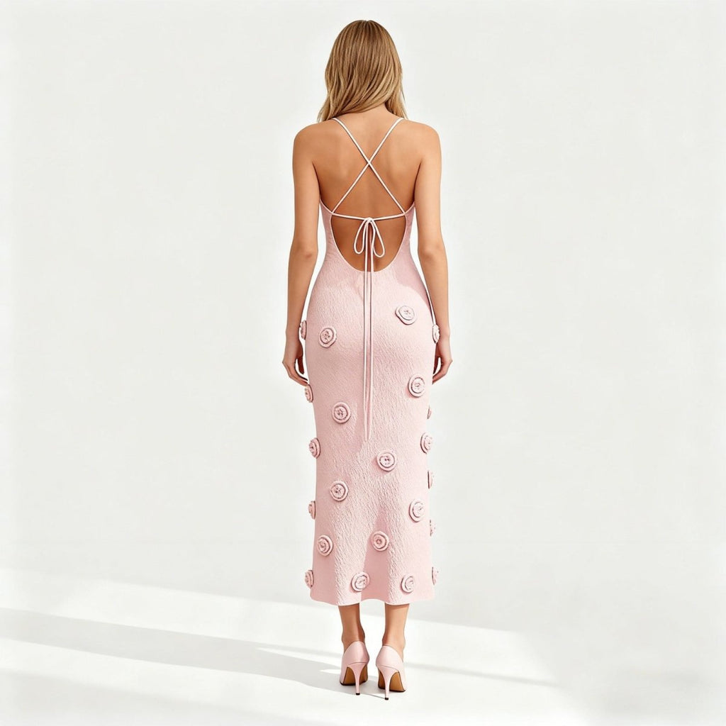 Alexie Rosette Knit Midi Dress – Plunging Neckline Lace-Up Back Dress | Couture Romantic Elegance