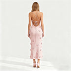 Alexie Rosette Knit Midi Dress – Plunging Neckline Lace-Up Back Dress | Couture Romantic Elegance