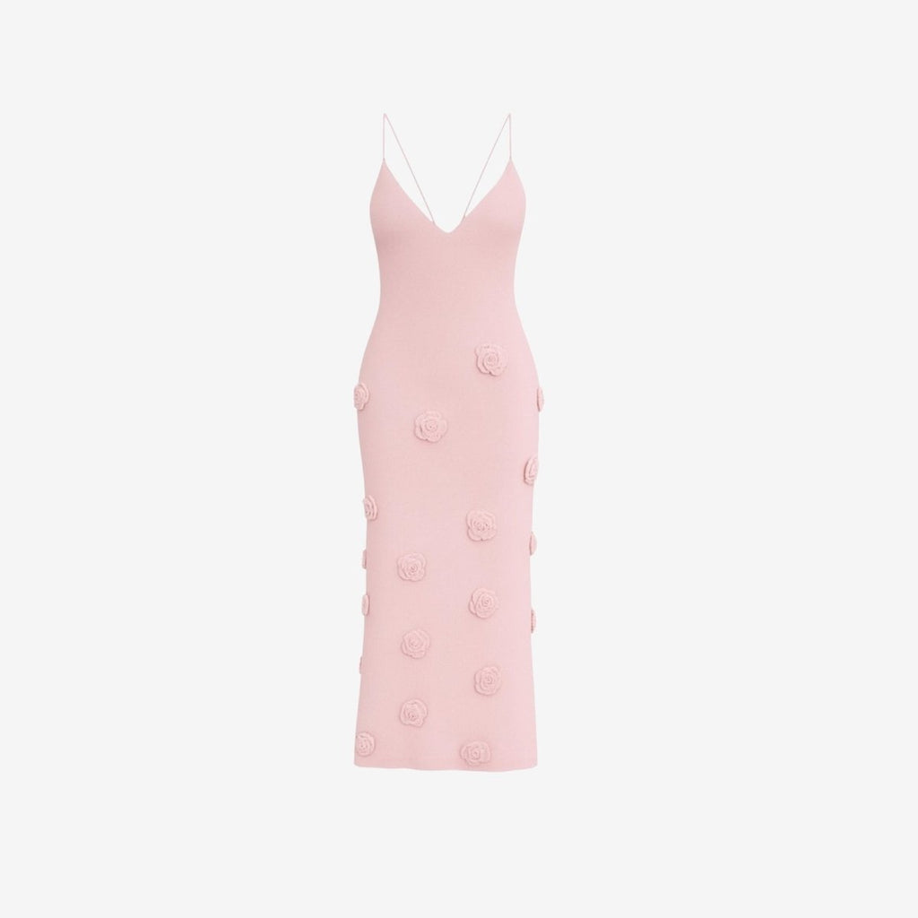 Alexie Rosette Knit Midi Dress – Plunging Neckline Lace-Up Back Dress | Couture Romantic Elegance