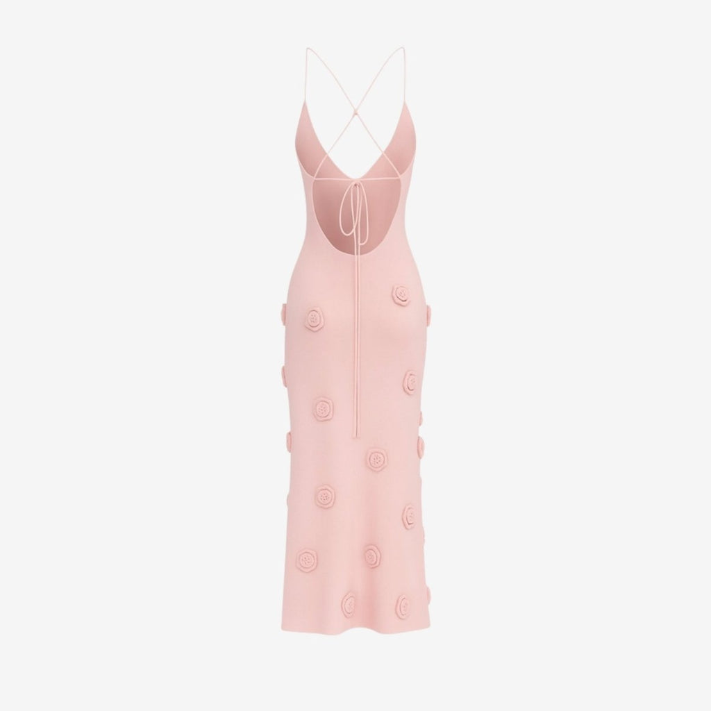 Alexie Rosette Knit Midi Dress – Plunging Neckline Lace-Up Back Dress | Couture Romantic Elegance