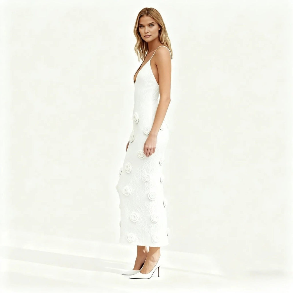 Alexie Rosette Knit Midi Dress – Plunging Neckline Lace-Up Back Dress | Couture Romantic Elegance