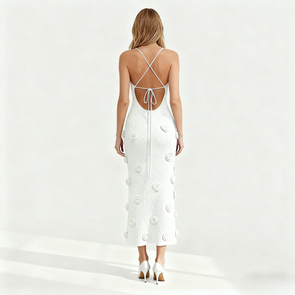 Alexie Rosette Knit Midi Dress – Plunging Neckline Lace-Up Back Dress | Couture Romantic Elegance