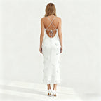 Alexie Rosette Knit Midi Dress – Plunging Neckline Lace-Up Back Dress | Couture Romantic Elegance