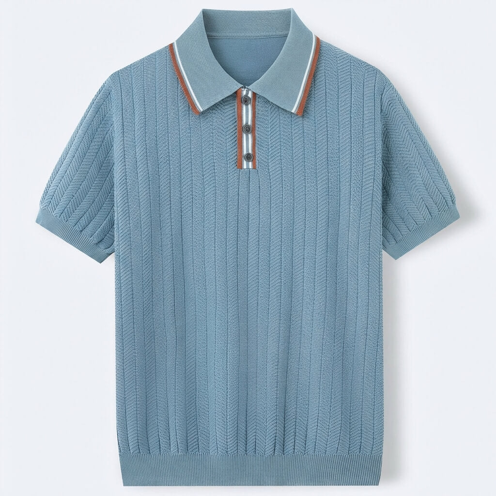 Men’s Vintage-Inspired Ribbed Knit Polo Shirt – Striped 3-Button Placket Smart Casual Top