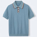 Men’s Vintage-Inspired Ribbed Knit Polo Shirt – Striped 3-Button Placket Smart Casual Top