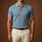 Men’s Vintage-Inspired Ribbed Knit Polo Shirt – Striped 3-Button Placket Smart Casual Top