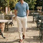 Men’s Vintage-Inspired Ribbed Knit Polo Shirt – Striped 3-Button Placket Smart Casual Top