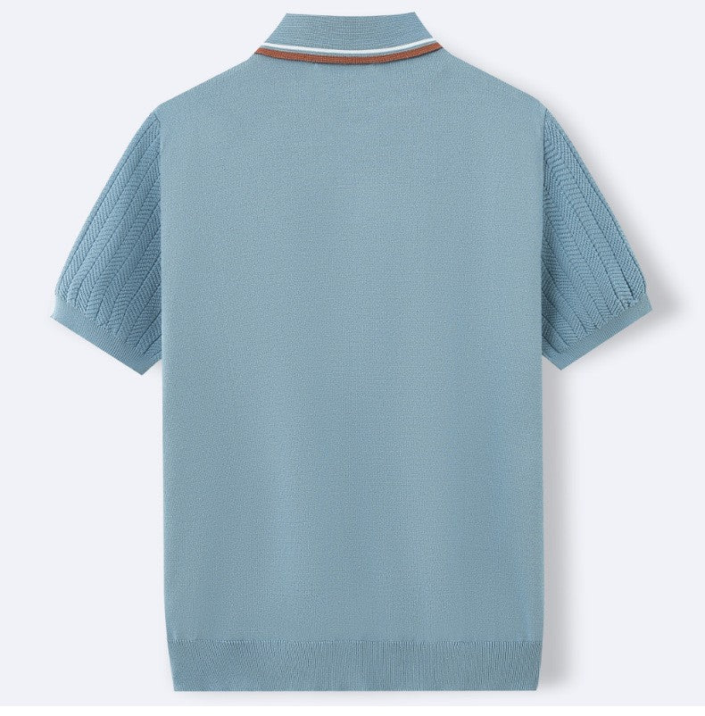 Men’s Vintage-Inspired Ribbed Knit Polo Shirt – Striped 3-Button Placket Smart Casual Top