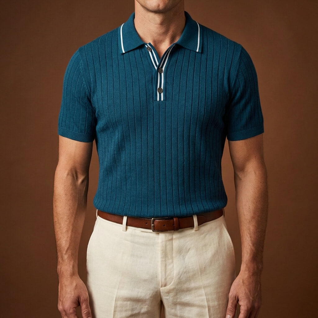 Men’s Vintage-Inspired Ribbed Knit Polo Shirt – Striped 3-Button Placket Smart Casual Top