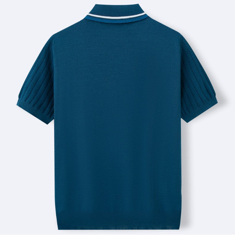 Men’s Vintage-Inspired Ribbed Knit Polo Shirt – Striped 3-Button Placket Smart Casual Top