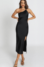 Anabelle Moonlight Satin Open-Back Maxi Dress – Elegant Thigh Slit Evening Gown | Modern Goddess Style
