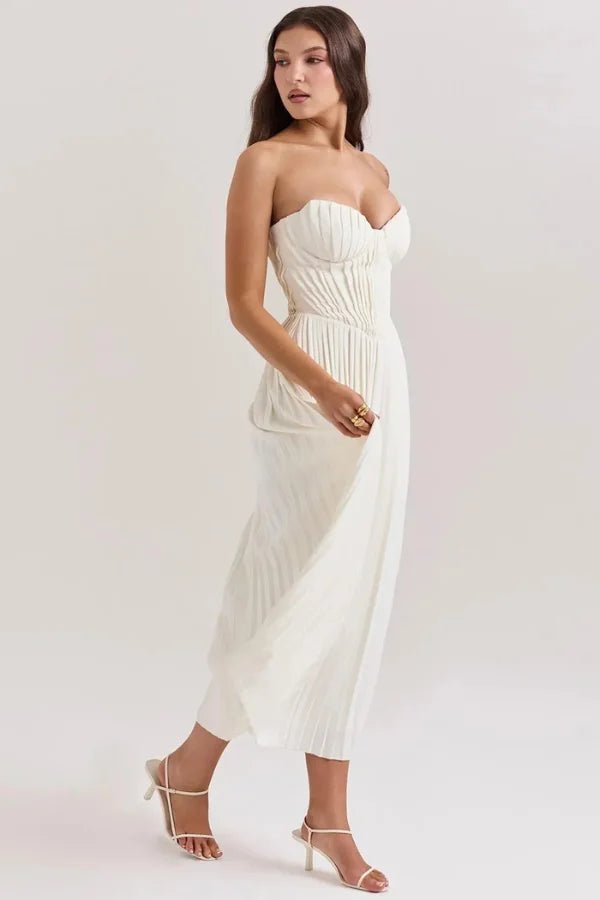 Julia Corset Pleated Midi Dress – Architectural Bustier Gown with Ethereal Movement | Modern Romantic Elegance