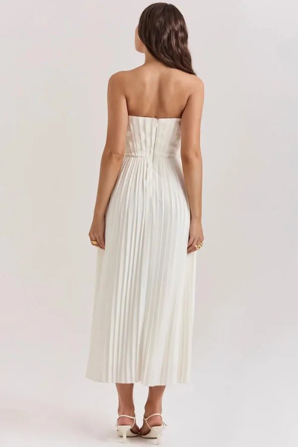 Julia Corset Pleated Midi Dress – Architectural Bustier Gown with Ethereal Movement | Modern Romantic Elegance