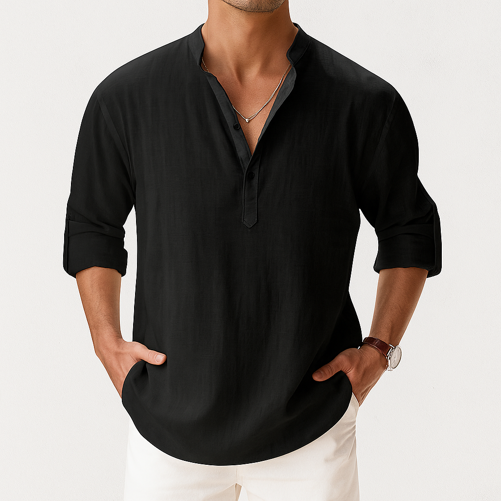 Men’s Lightweight Linen Popover Shirt – Breathable Gossamer Band Collar Summer Top